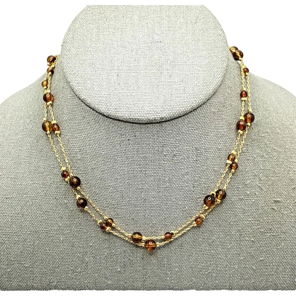 Vintage MONET Amber Brown Bead Station Necklace Gold Tone Opera Statement 30